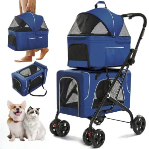 Double Dog 3-in-1 Pet Stroller With 2 Detachable Carriers, Safety Belt, Washable Cover, Removable Pads, 4 Wheels for Small Medium Dogs (Blue)