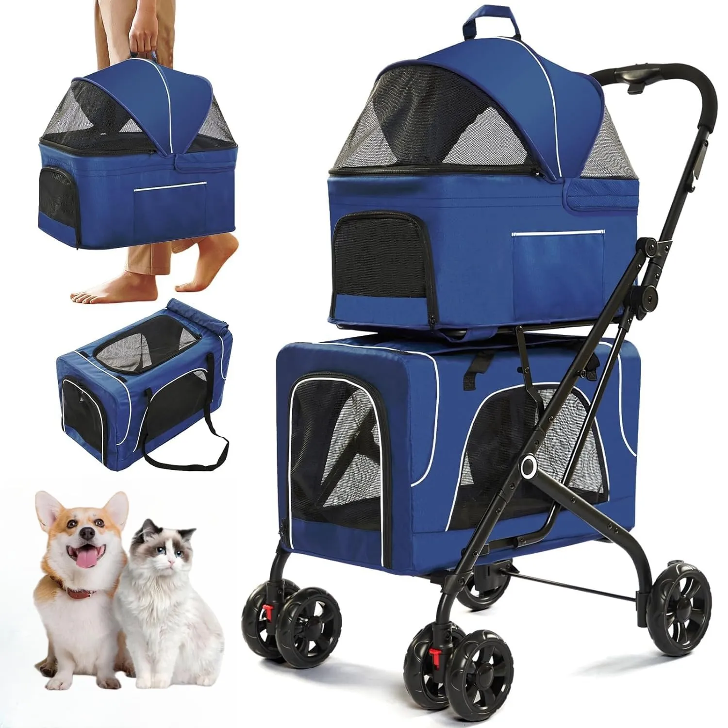 Double Dog 3-in-1 Pet Stroller With 2 Detachable Carriers, Safety Belt, Washable Cover, Removable Pads, 4 Wheels for Small Medium Dogs (Blue)