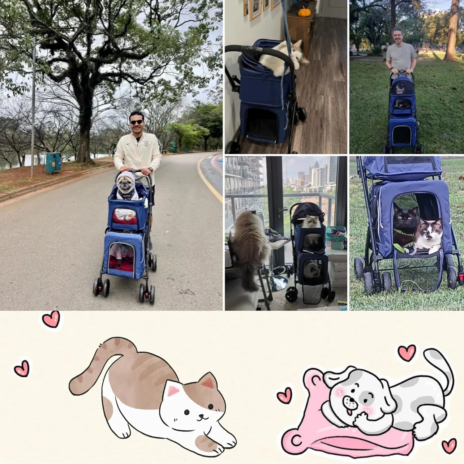 Double Dog 3-in-1 Pet Stroller With 2 Detachable Carriers, Safety Belt, Washable Cover, Removable Pads, 4 Wheels for Small Medium Dogs (Blue)