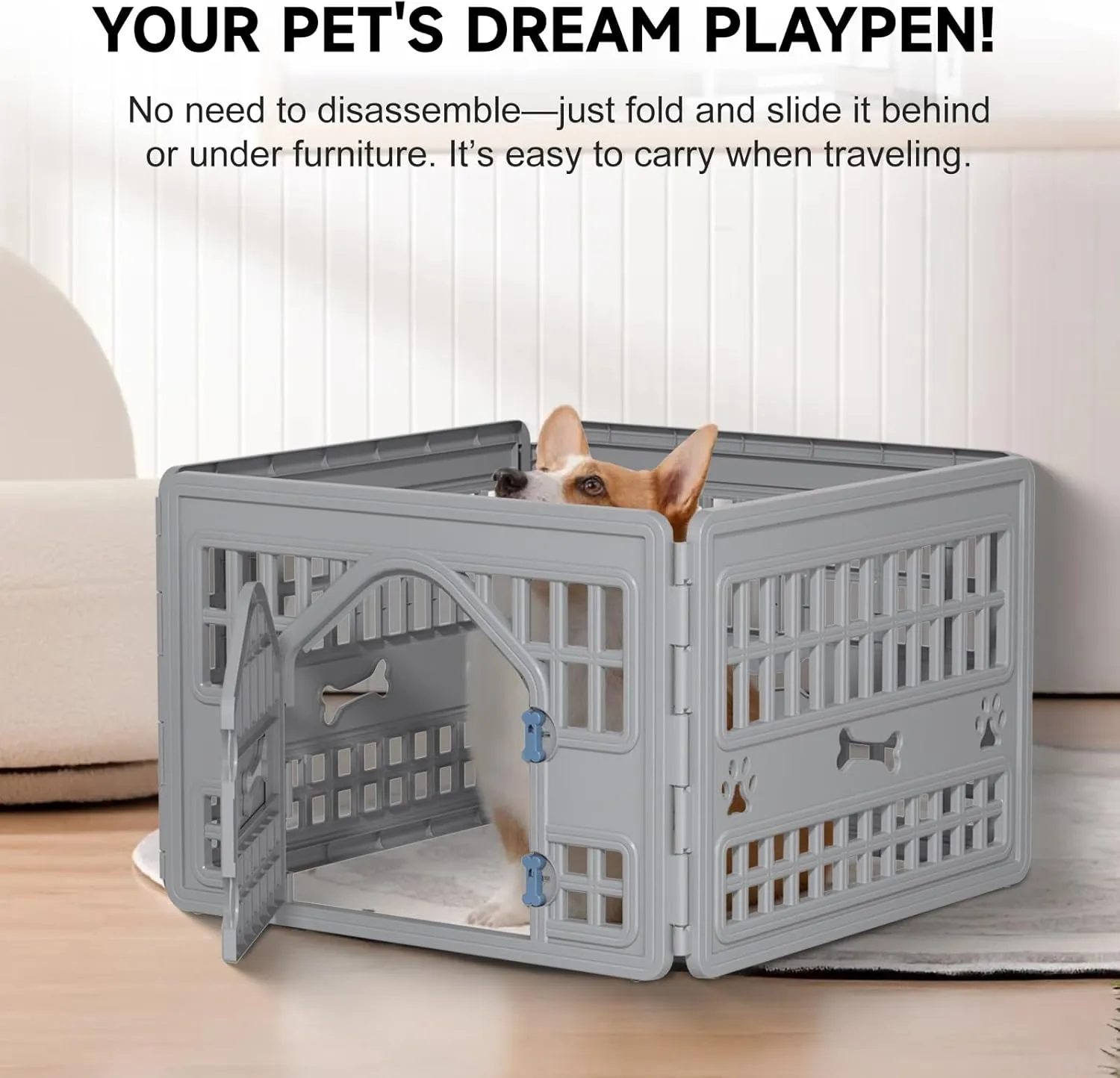 DRATO Dog Pet Playpen Gate for Dogs Cats Safe Secure Indoor Outdoor Pet Fence with Gate Easy to Clean Keep Pets Secure (Gray, 33.54 * 33.54 * 23.82, 4)