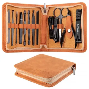 FAMILIFE Manicure Set, Professional Manicure Kit Nail Clippers Set 13pcs Stainless Steel Pedicure Tools Kit Grooming Kit with Portable Brown Leather Travel Case for Women Girl Men