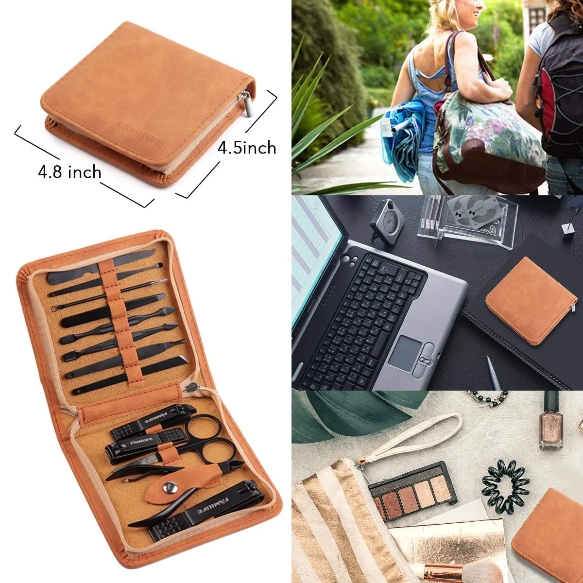 FAMILIFE Manicure Set, Professional Manicure Kit Nail Clippers Set 13pcs Stainless Steel Pedicure Tools Kit Grooming Kit with Portable Brown Leather Travel Case for Women Girl Men