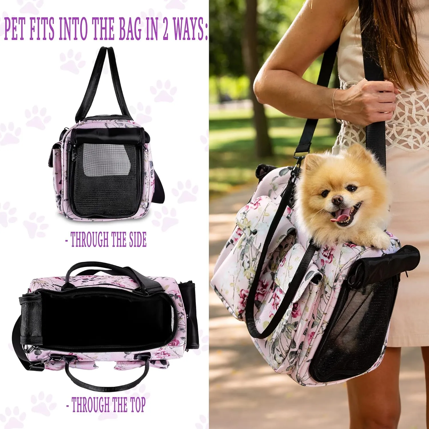 Fashion Dog Carrier Cat Carrier Rabbit Carrier- Soft Sided Pet Carrier Purse Bag - Breathable Mesh Airline Approved Pets Travel Tote Bag with Pockets (Spring Roses)
