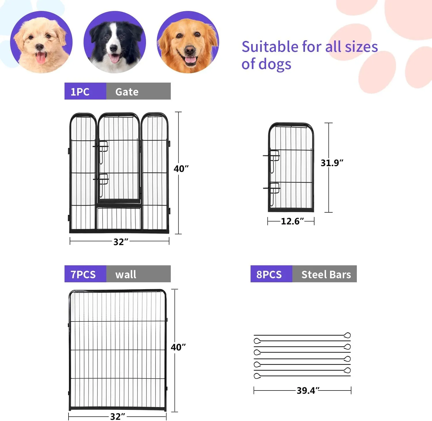 FDW Dog Playpen Dog Pen Dog Kennel 8 Panels 40 Inch Hight Indoor Outdoor Folding Metal Portable Puppy Exercise Pen Heavy Duty Dog Fence for Yard Camping,Black