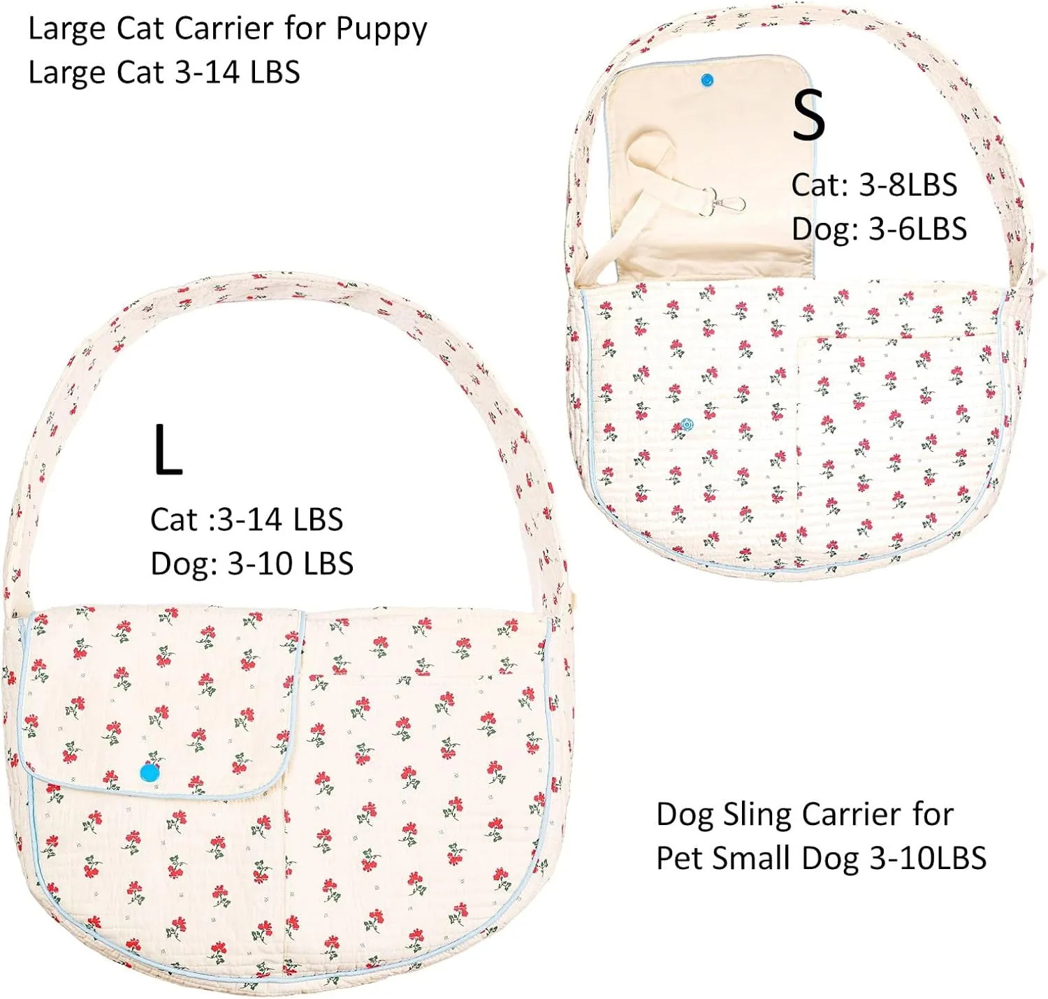 Flower Pet Sling Carrier for Small Dogs and Cats, Breathable Cotton Cats Carrier PurseFloral Print Puppy Bag 3-10 Lbs, Hand Free Travel Chest Cat Sling Gifts for Pet Mom GirlsWhite, Small