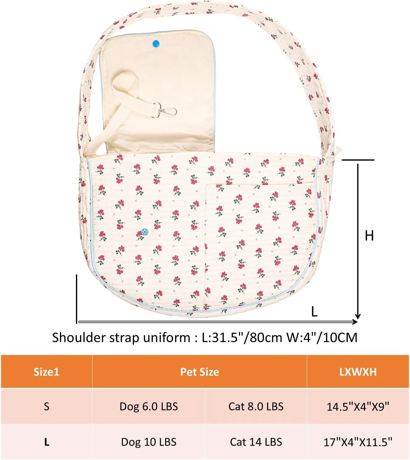 Flower Pet Sling Carrier for Small Dogs and Cats, Breathable Cotton Cats Carrier PurseFloral Print Puppy Bag 3-10 Lbs, Hand Free Travel Chest Cat Sling Gifts for Pet Mom GirlsWhite, Small