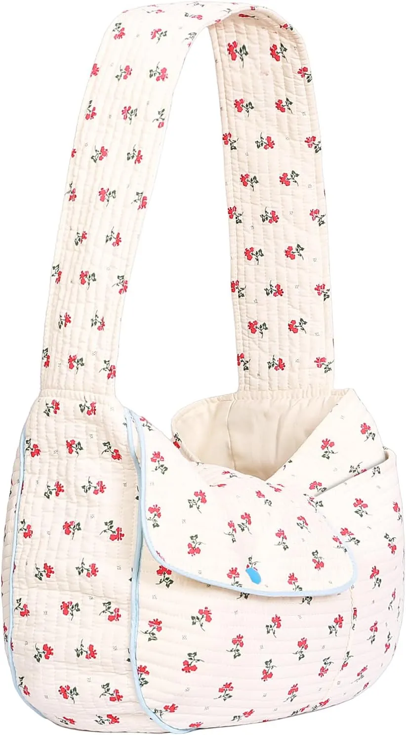 Flower Pet Sling Carrier for Small Dogs and Cats, Breathable Cotton Cats Carrier PurseFloral Print Puppy Bag 3-10 Lbs, Hand Free Travel Chest Cat Sling Gifts for Pet Mom GirlsWhite, Small