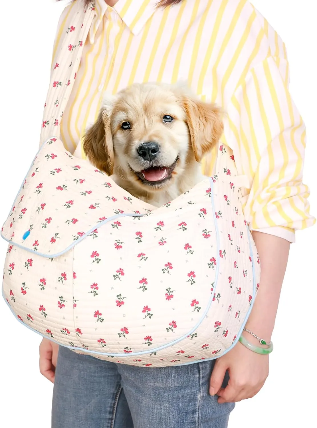 Flower Pet Sling Carrier for Small Dogs and Cats, Breathable Cotton Cats Carrier PurseFloral Print Puppy Bag 3-10 Lbs, Hand Free Travel Chest Cat Sling Gifts for Pet Mom GirlsWhite, Small