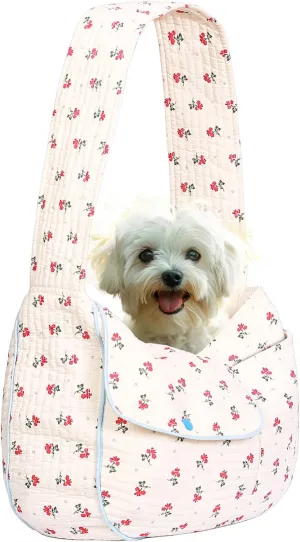 Flower Pet Sling Carrier for Small Dogs and Cats, Breathable Cotton Cats Carrier PurseFloral Print Puppy Bag 3-10 Lbs, Hand Free Travel Chest Cat Sling Gifts for Pet Mom GirlsWhite, Small