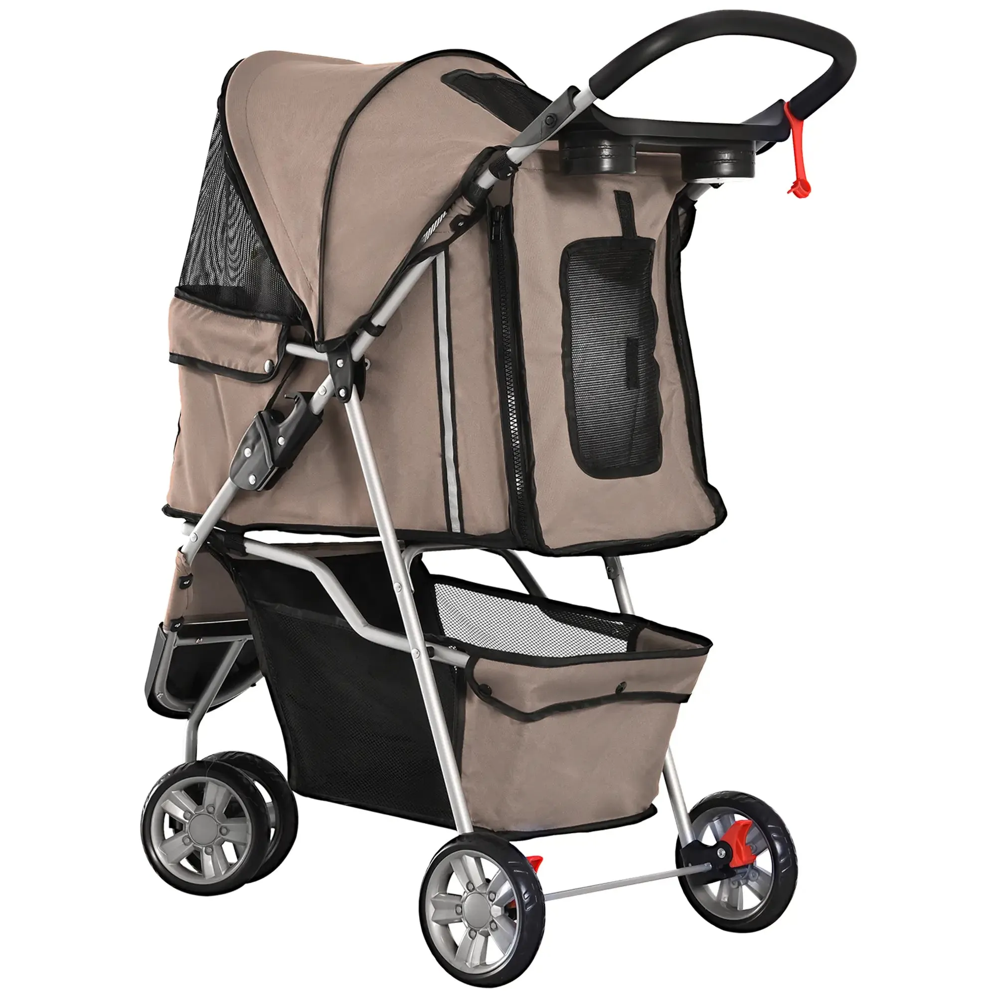Folding Dog Stroller for Small Dogs, Dog Pushchair with Braked Wheels, Cup Holder, Storage Basket and Removable and Washable Padding, for Pets up to 10 kg, Coffee