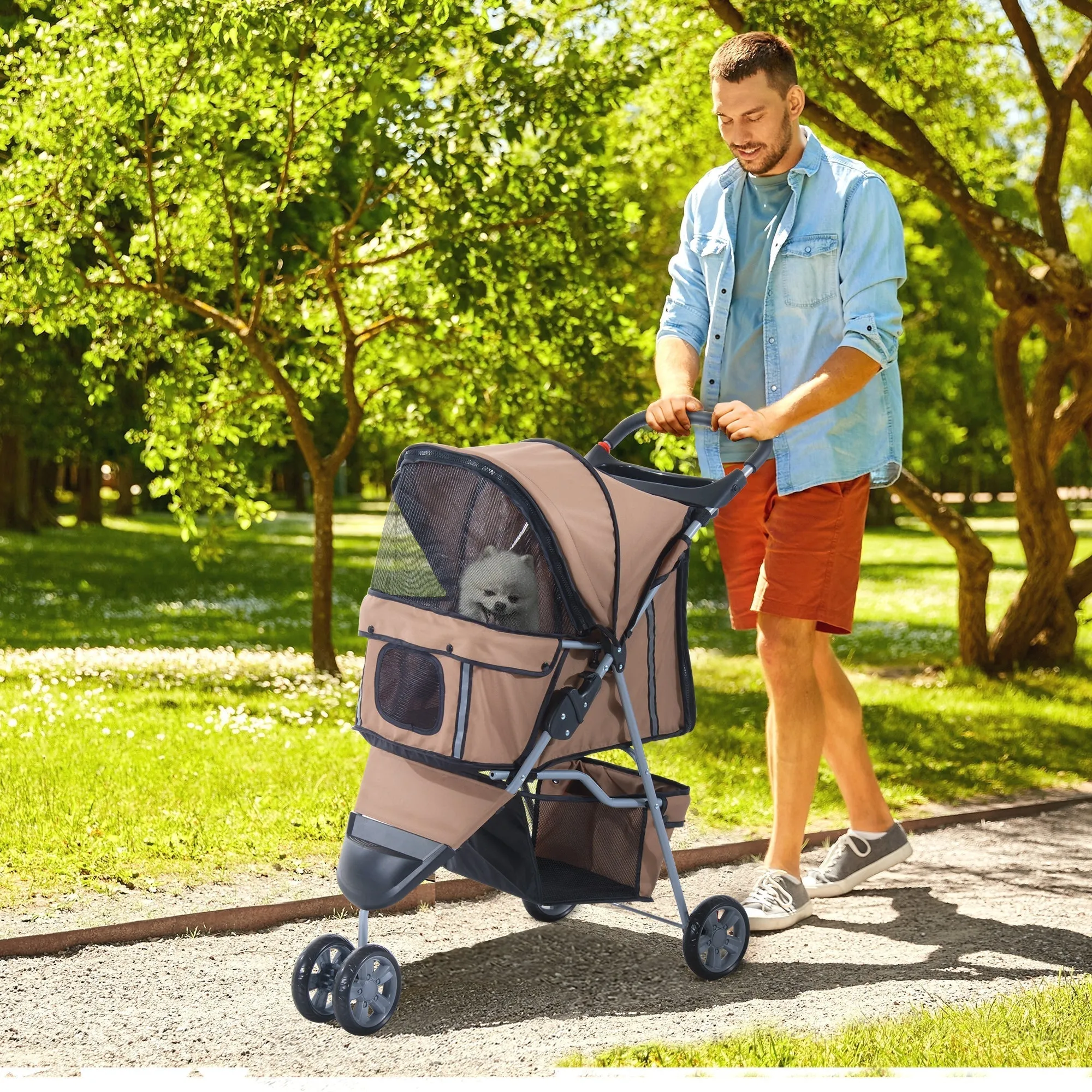 Folding Dog Stroller for Small Dogs, Dog Pushchair with Braked Wheels, Cup Holder, Storage Basket and Removable and Washable Padding, for Pets up to 10 kg, Coffee