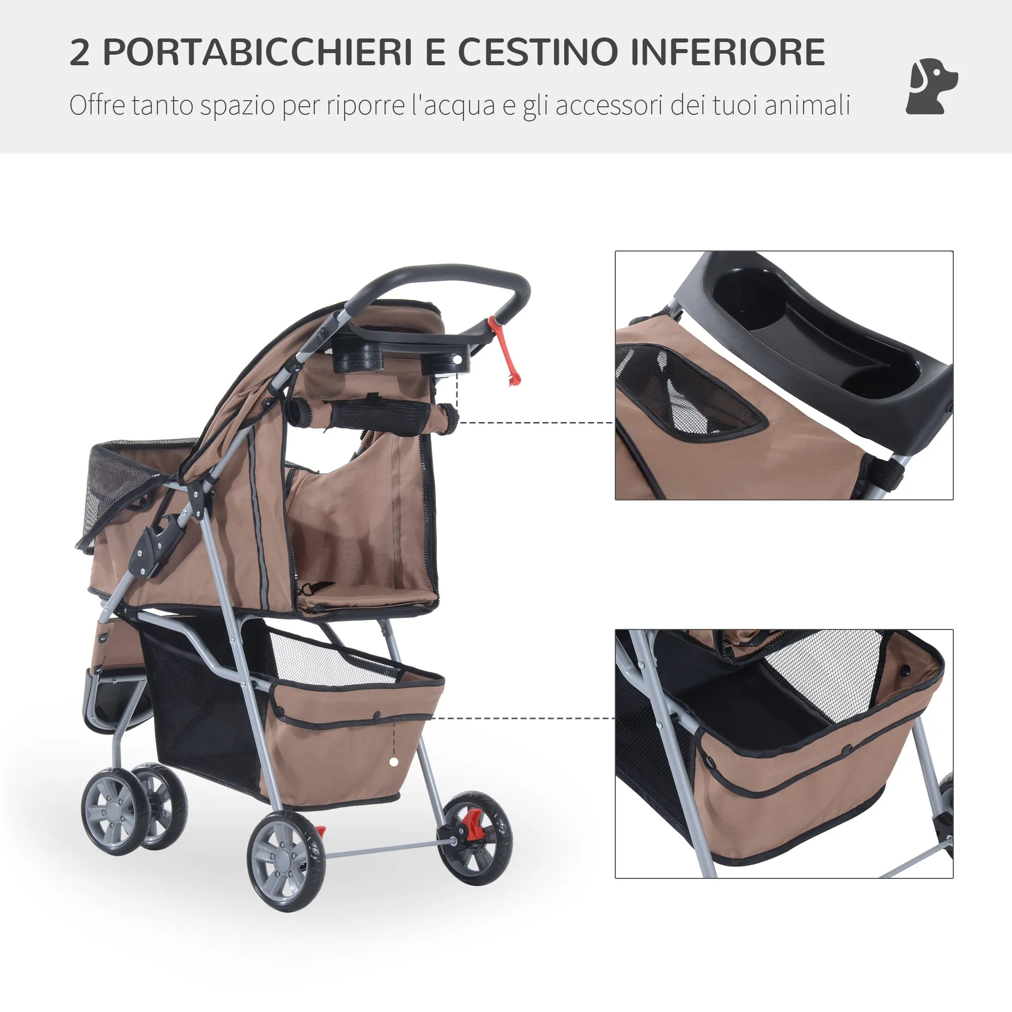 Folding Dog Stroller for Small Dogs, Dog Pushchair with Braked Wheels, Cup Holder, Storage Basket and Removable and Washable Padding, for Pets up to 10 kg, Coffee