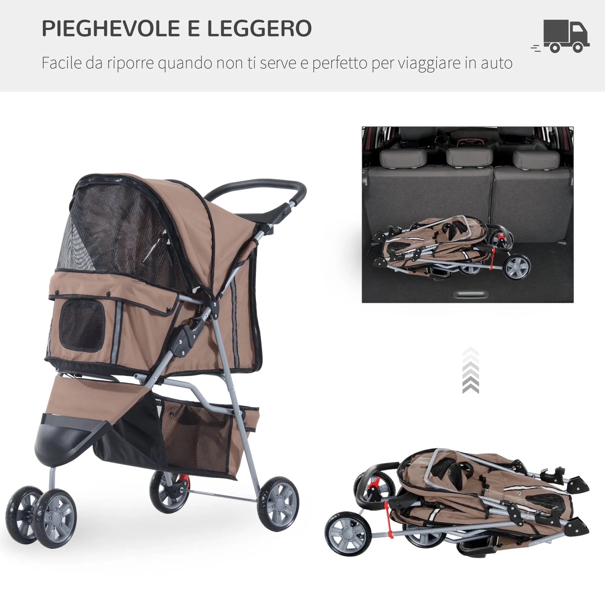 Folding Dog Stroller for Small Dogs, Dog Pushchair with Braked Wheels, Cup Holder, Storage Basket and Removable and Washable Padding, for Pets up to 10 kg, Coffee