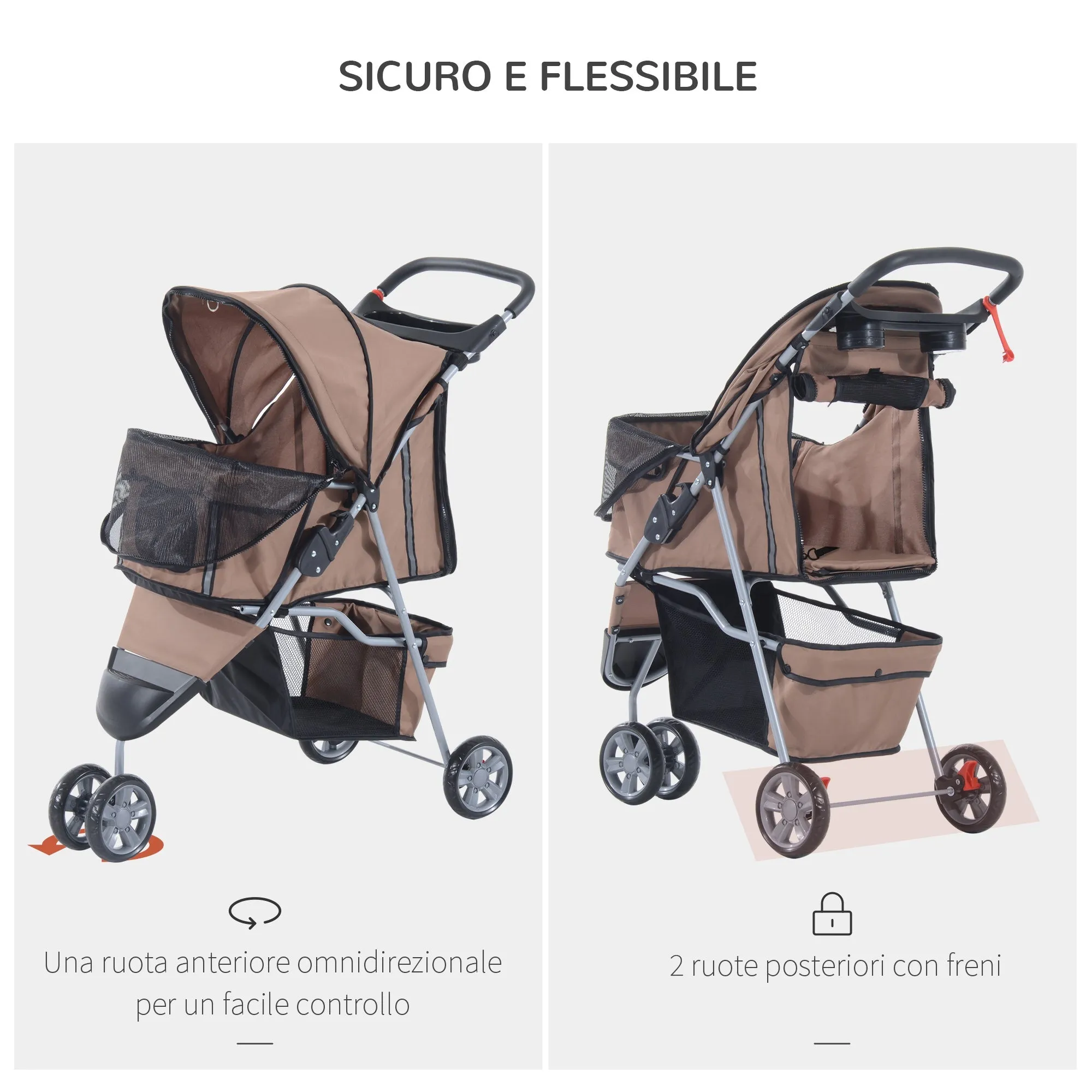 Folding Dog Stroller for Small Dogs, Dog Pushchair with Braked Wheels, Cup Holder, Storage Basket and Removable and Washable Padding, for Pets up to 10 kg, Coffee