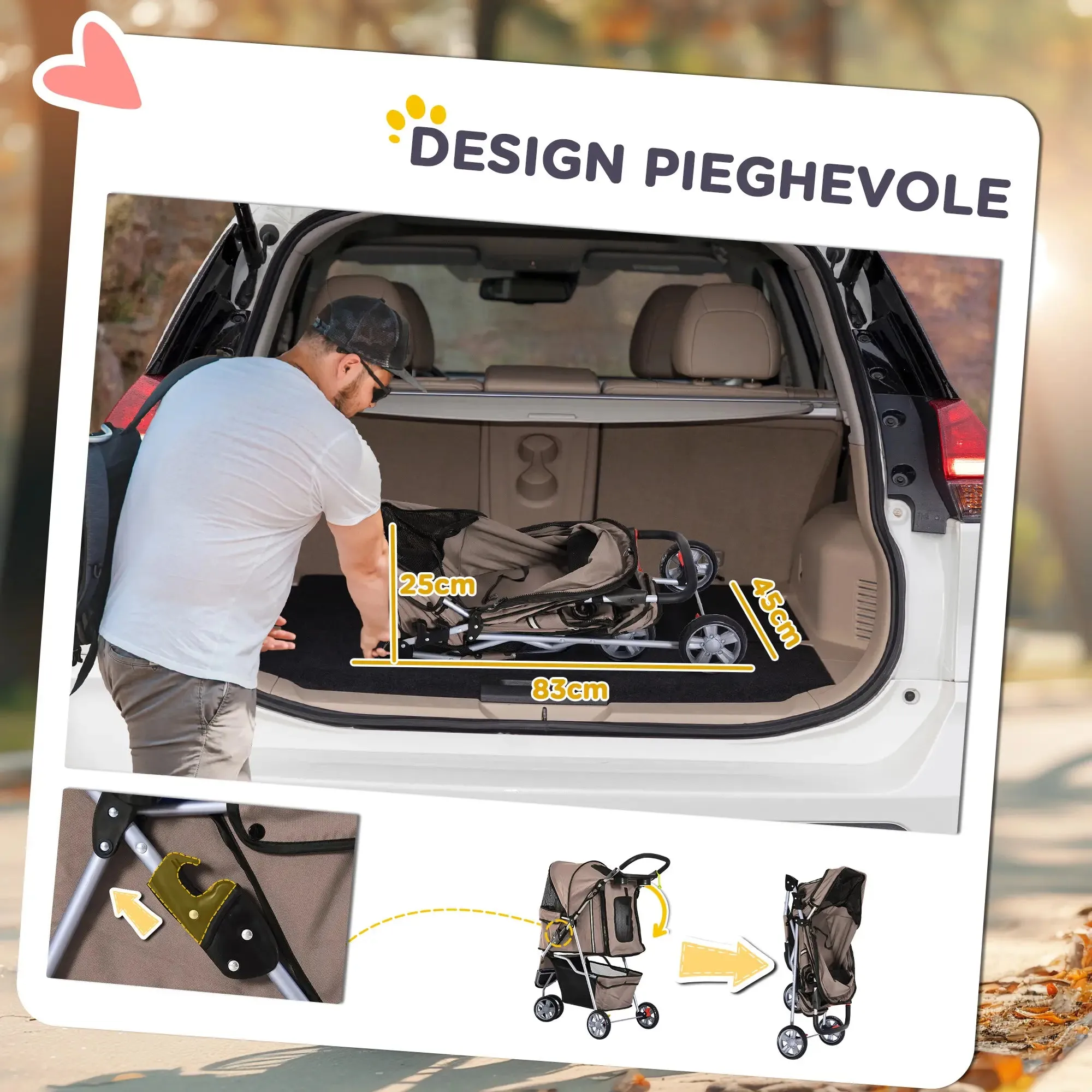 Folding Dog Stroller for Small Dogs, Dog Pushchair with Braked Wheels, Cup Holder, Storage Basket and Removable and Washable Padding, for Pets up to 10 kg, Coffee