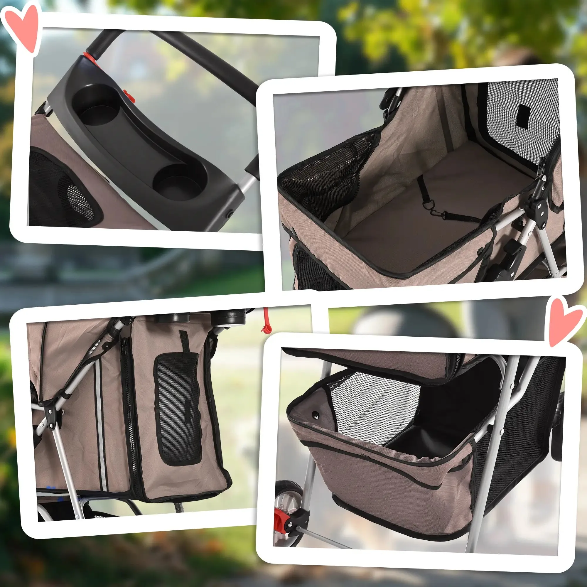 Folding Dog Stroller for Small Dogs, Dog Pushchair with Braked Wheels, Cup Holder, Storage Basket and Removable and Washable Padding, for Pets up to 10 kg, Coffee