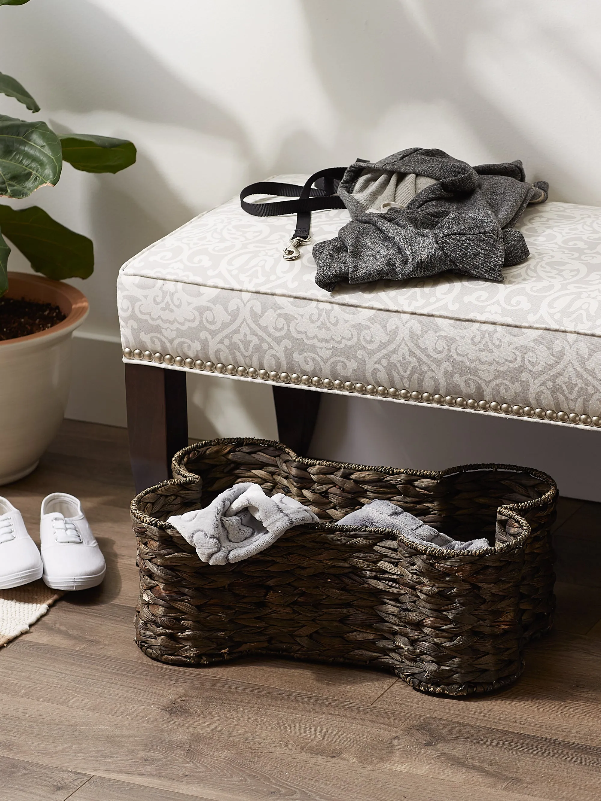 Hyacinth Pet Storage Basket, Bone Shaped, Dark Brown, Medium - 21x13x8"
