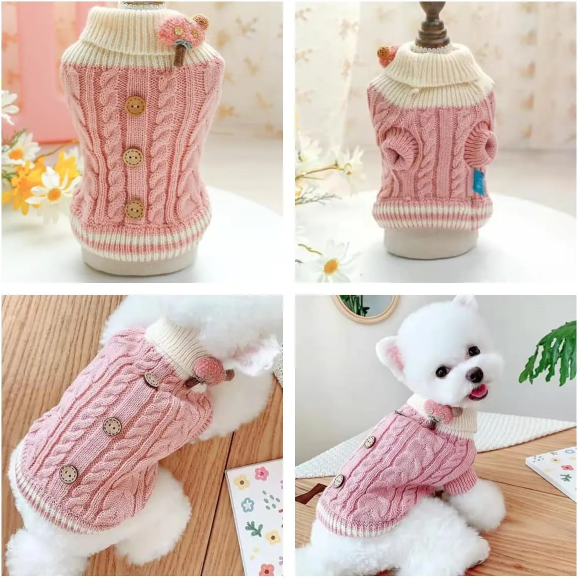 Knitted Dog Sweater for Small Dogs Cats Thick Warm Puppy Clothes Turtleneck Elastic Chihuahua Bulldog Dachshund Outfits(Medium,Pink)
