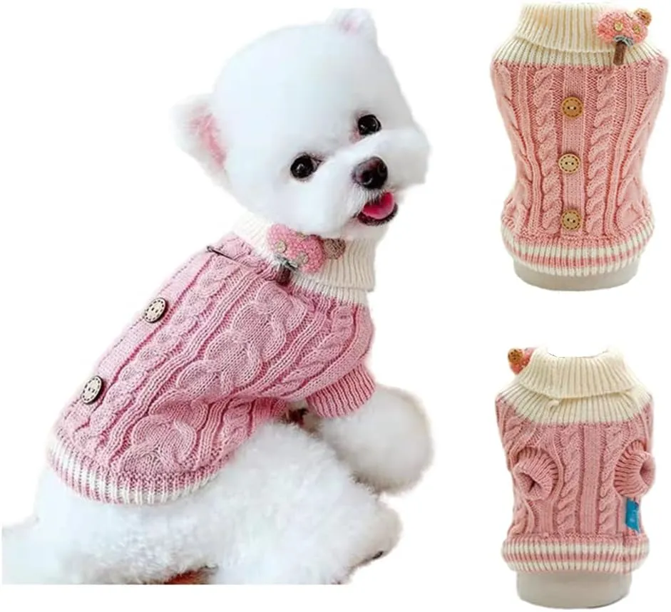 Knitted Dog Sweater for Small Dogs Cats Thick Warm Puppy Clothes Turtleneck Elastic Chihuahua Bulldog Dachshund Outfits(Medium,Pink)