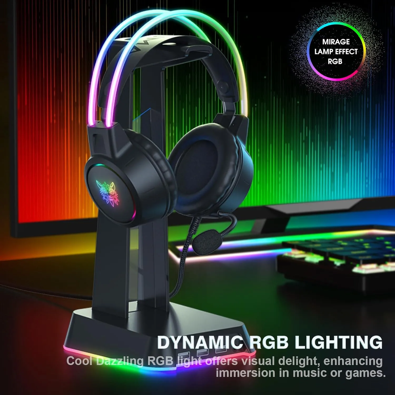 Lightweight Black Gaming Headset, RGB Lighting, Wired Over Ear Headphones with Mic for PC, PS4, PS5, Xbox, Switch, Stereo Surround Sound, Self-Adjusting Headband