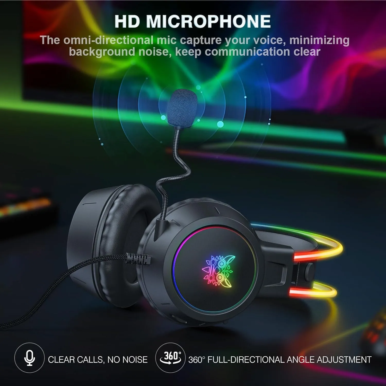 Lightweight Black Gaming Headset, RGB Lighting, Wired Over Ear Headphones with Mic for PC, PS4, PS5, Xbox, Switch, Stereo Surround Sound, Self-Adjusting Headband