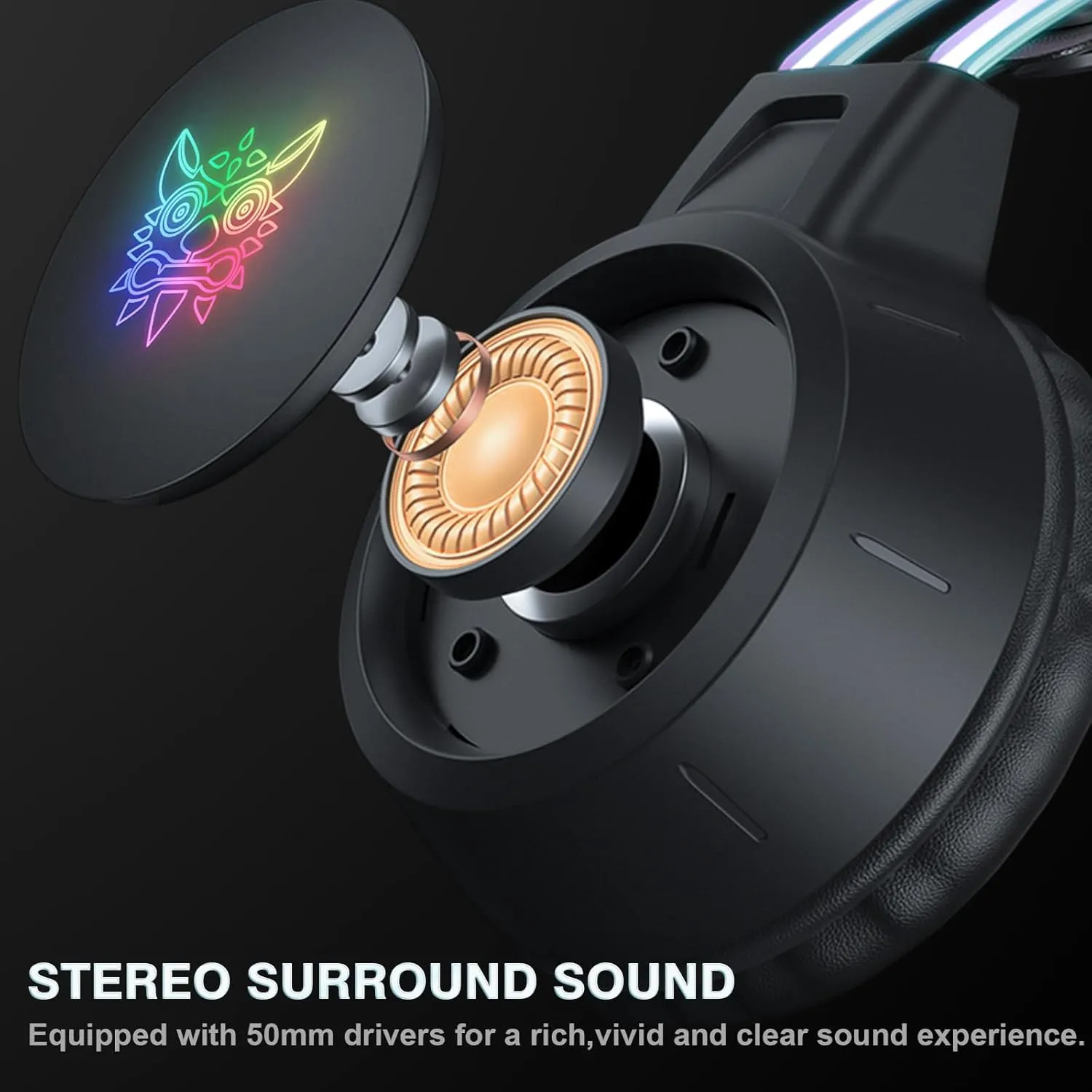 Lightweight Black Gaming Headset, RGB Lighting, Wired Over Ear Headphones with Mic for PC, PS4, PS5, Xbox, Switch, Stereo Surround Sound, Self-Adjusting Headband