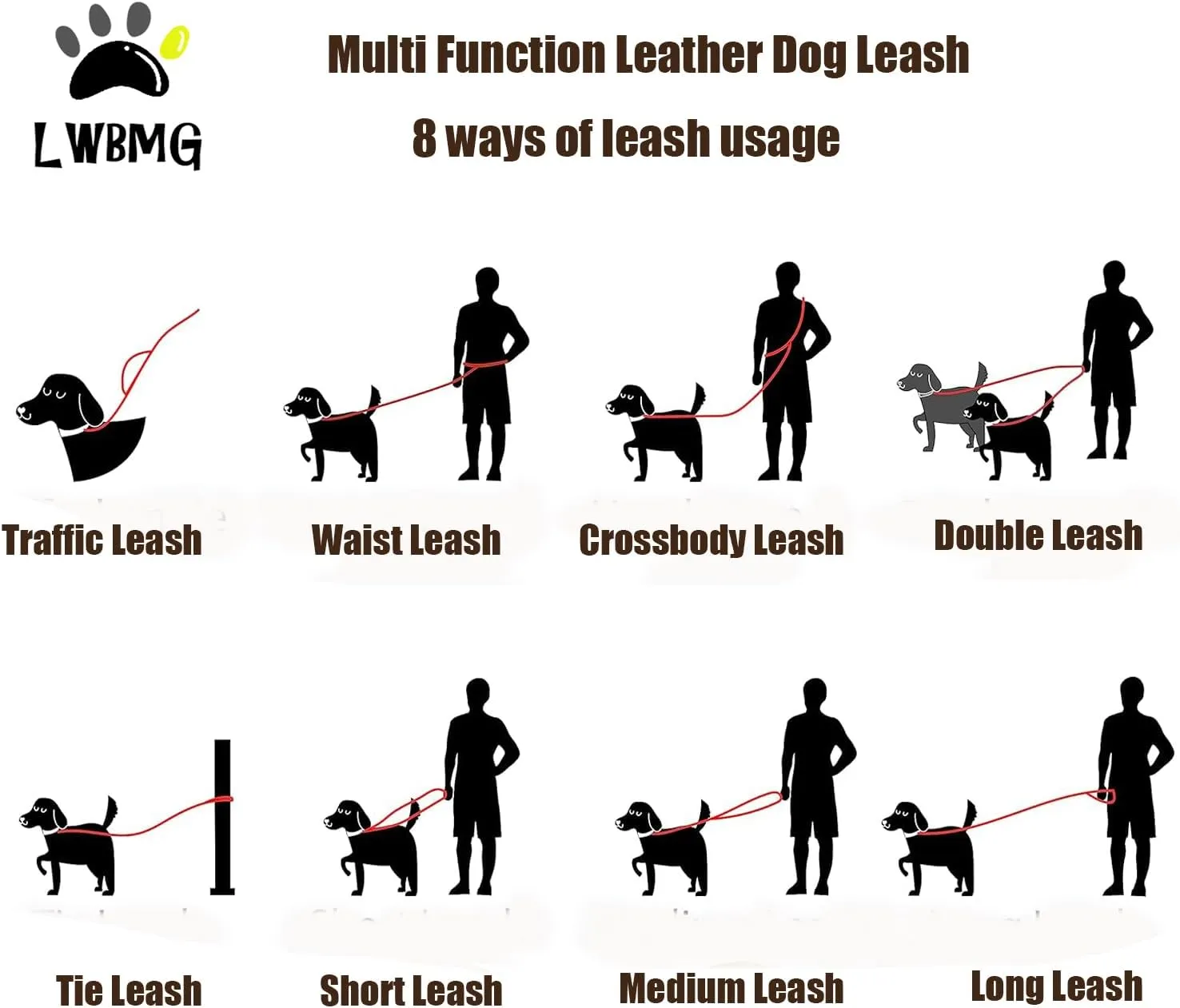 LWBMG Multi Function Leather Dog Leash 8ft Genuine Leather Leash for Dogs Hands Free Dog Leash Double Ended Dog Training Leash for Small Medium Large Dogs