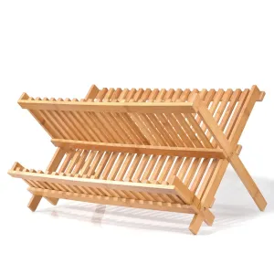 Natural Bamboo Dish Drying Rack, SZUAH Collapsible Dish Plate Drainer Rack, 2-Tier Dish Drying Holder, with 19 Slats