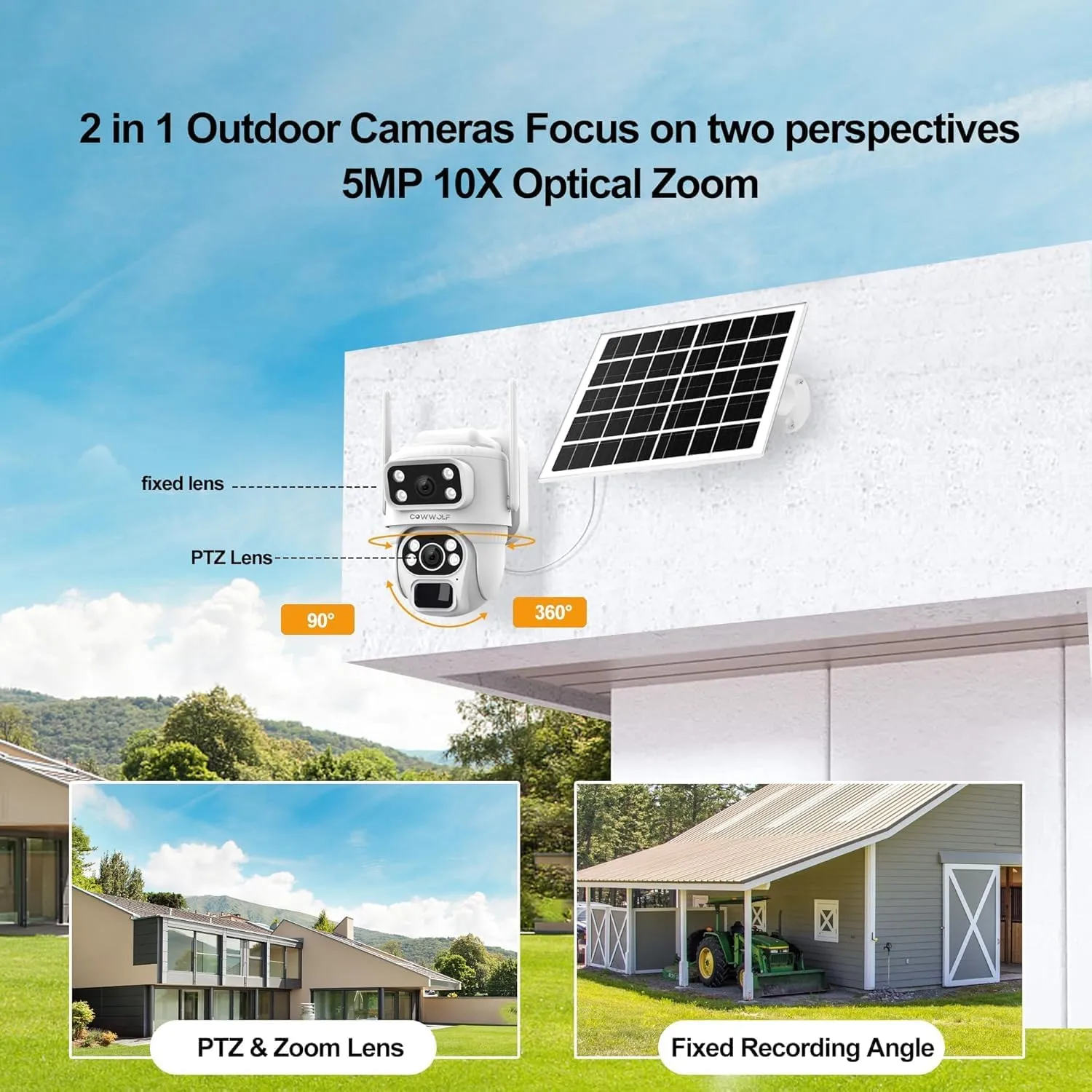No WiFi Security Camera, 4G LTE Cellular Security Camera, 2K Solar Cellular Cam HD Dual Lens 360 Pan Tilt, Color Night Vision, PIR Motion Detection, IP66 Waterproof with Pre-Installed SIM (SHUANMU)