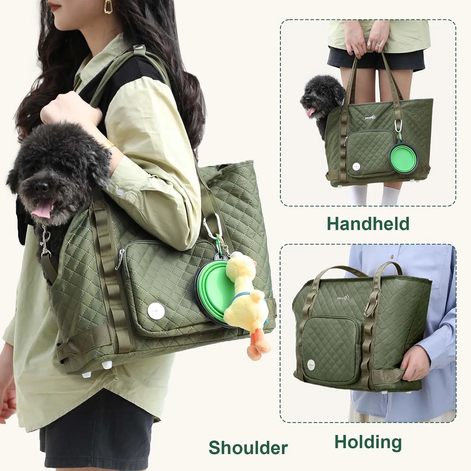 Pecute Dog Purse Carrier, Dog Carrier with Pockets for Small Dogs, Fits Dogs 5.5 lbs to 11 lbs, Lightweight Dog and Puppies Tote Bag Carrier, Outing, Travel, Vet, Green