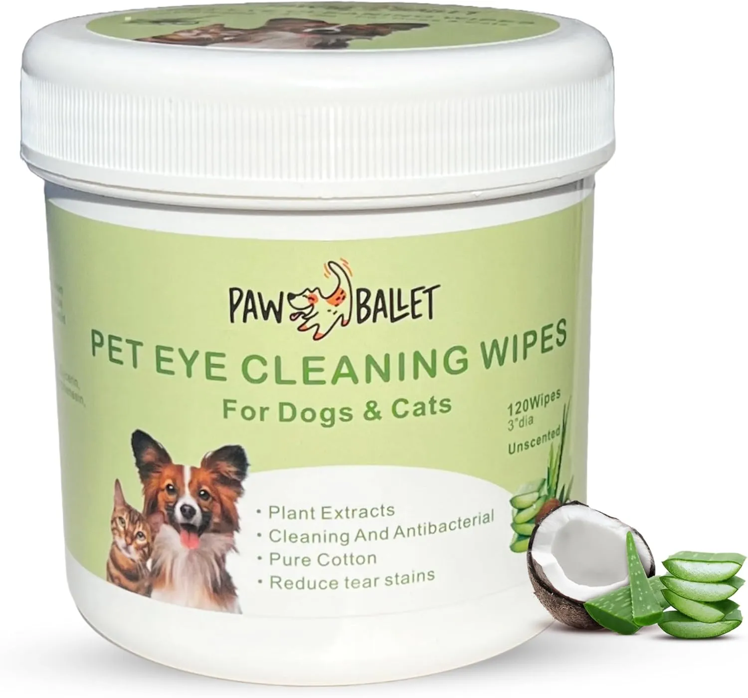 Pet Eye Wipes for Cats & Dogs - Gently Removes Tear Stains, Debris, Discharge, Eye Boogers & Mucus Secretions - Eyelid Cleansing Wipes with Witch Hazel, Coconut Oil & Aloe Vera - 120 Pack