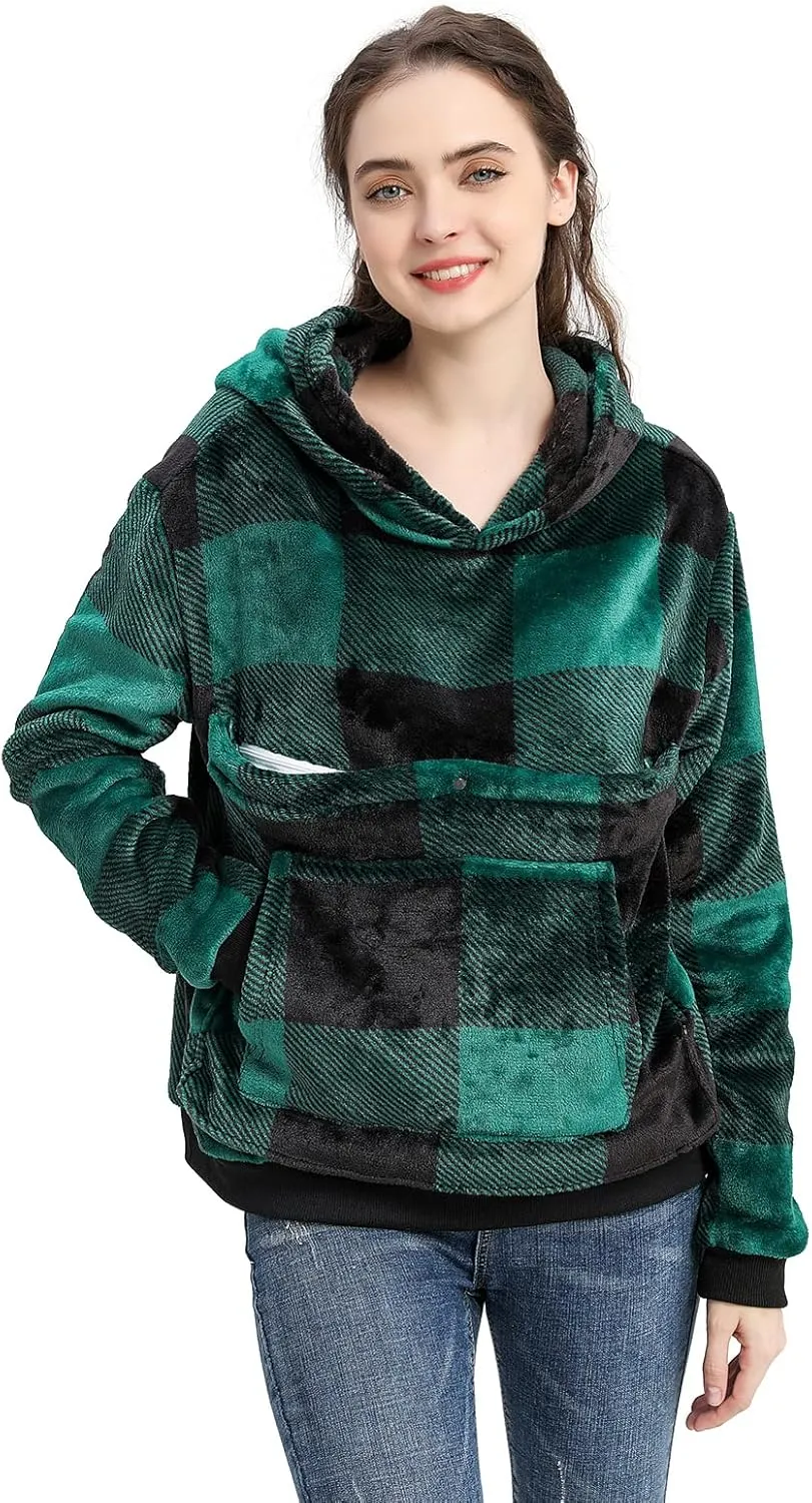 Pet Pouch Hoodie - Cat Dog Holder Sweatshirt Large Pocket Carrier Pullover Tops for Women (Green, Large)