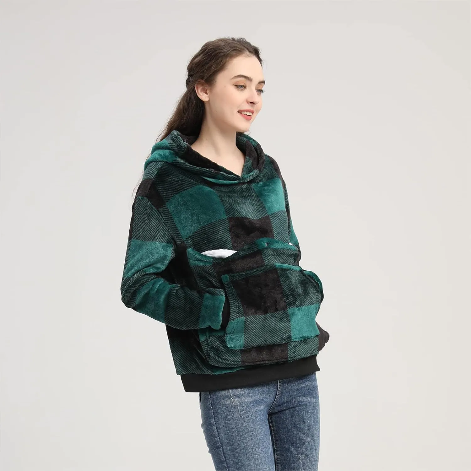 Pet Pouch Hoodie - Cat Dog Holder Sweatshirt Large Pocket Carrier Pullover Tops for Women (Green, Large)