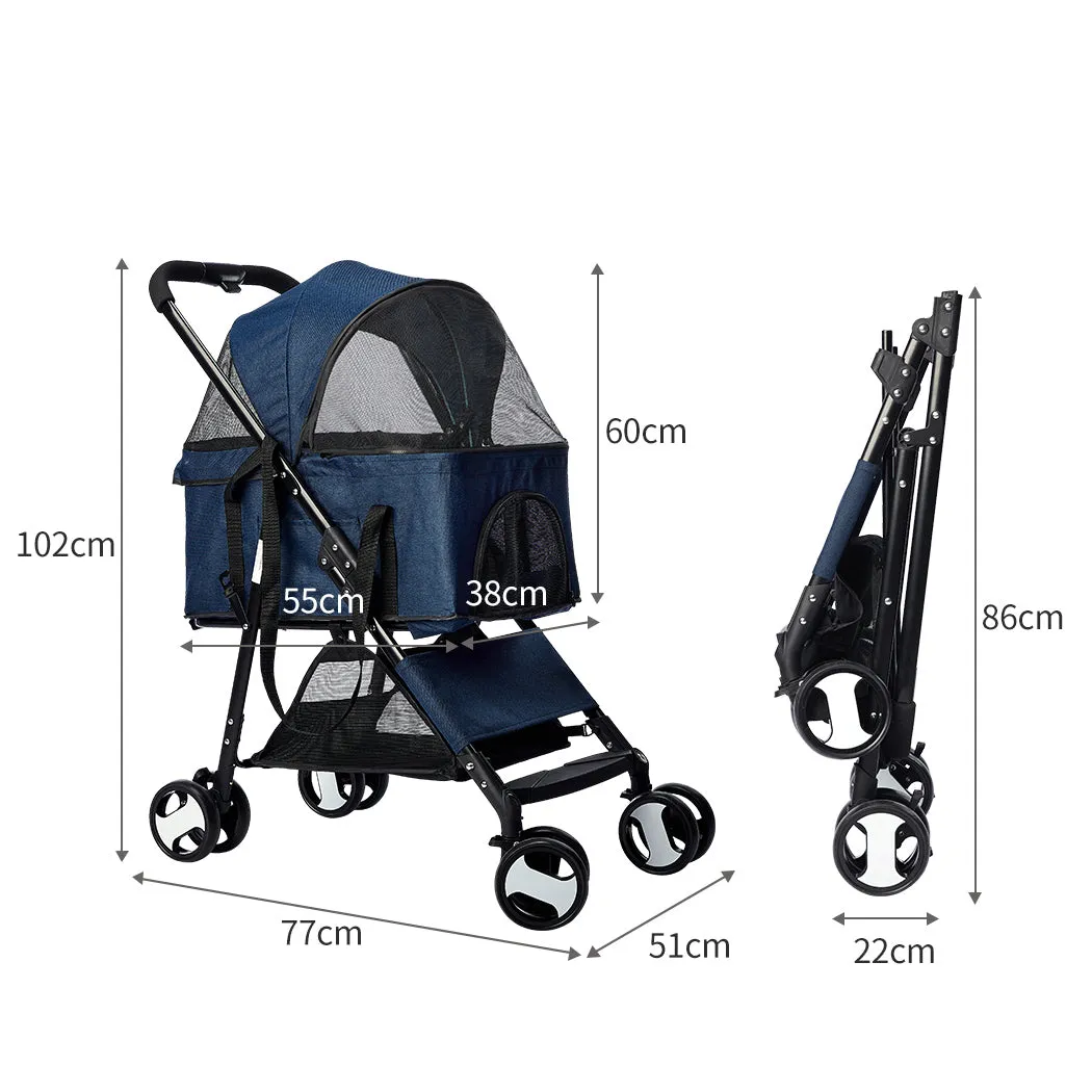 Pet Stroller Dog Cat Pram Foldable Carrier 4 Wheels Large Travel Pushchair - Blue