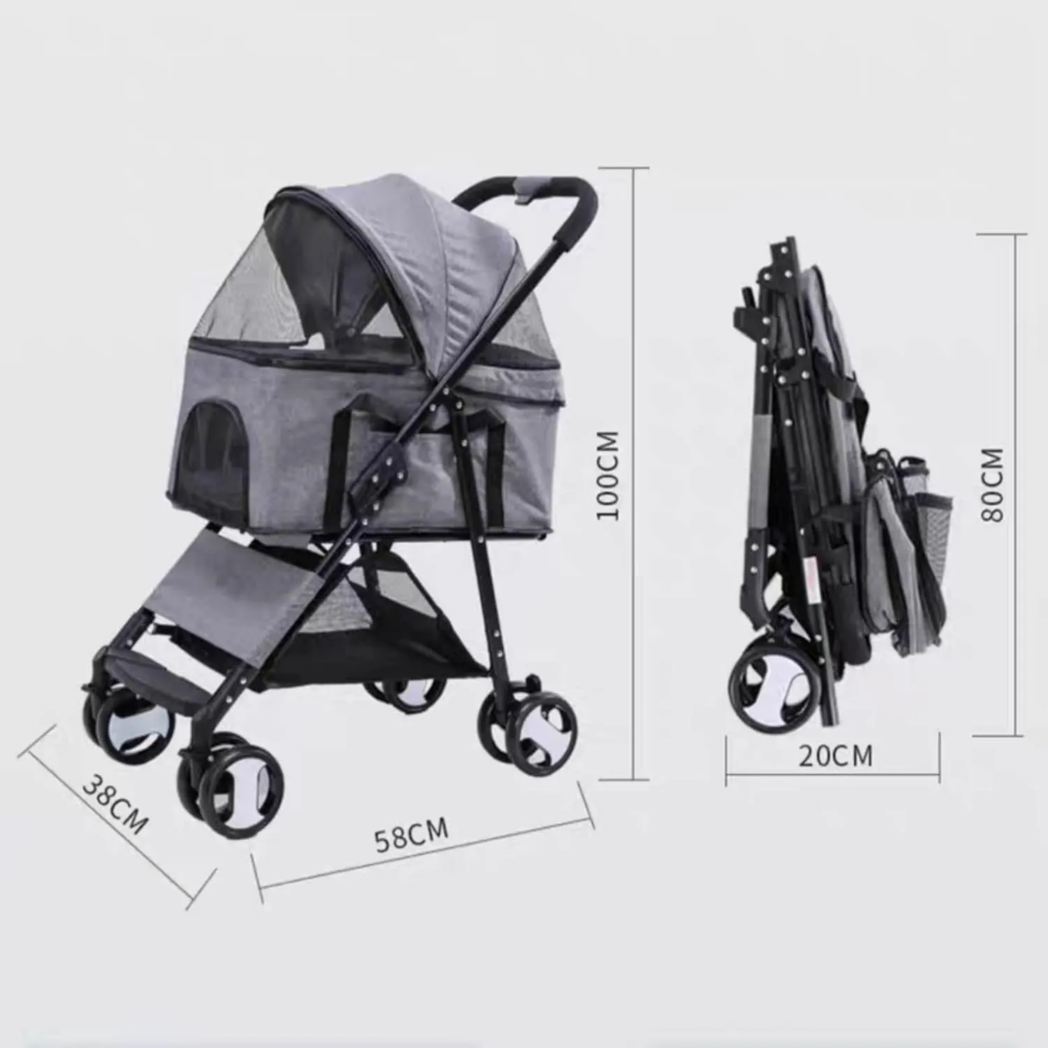 Pet Stroller Dog Stroller 3 in 1 Collapsible Dog Stroller 4 Wheel Travel Dog Stroller with Removable Back Frame (Pink)