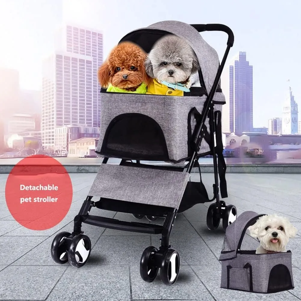 Pet Stroller Dog Stroller 3 in 1 Collapsible Dog Stroller 4 Wheel Travel Dog Stroller with Removable Back Frame (Pink)