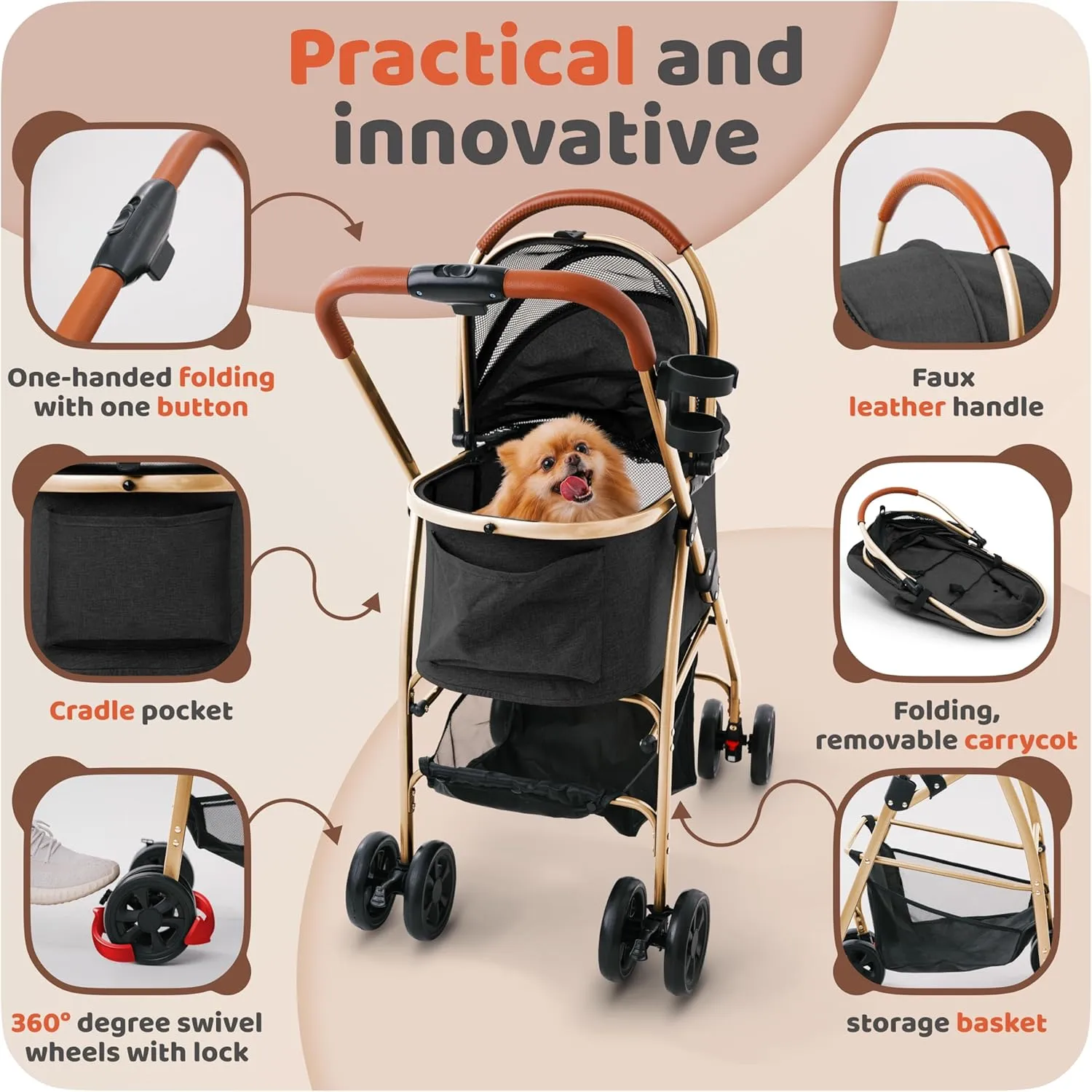 Pet Stroller for Small Medium Dogs Cats with Detachable Carrier  Zipperless Entry, Easy Fold with Removable Liner, Storage Basket   Cup Holder, Black