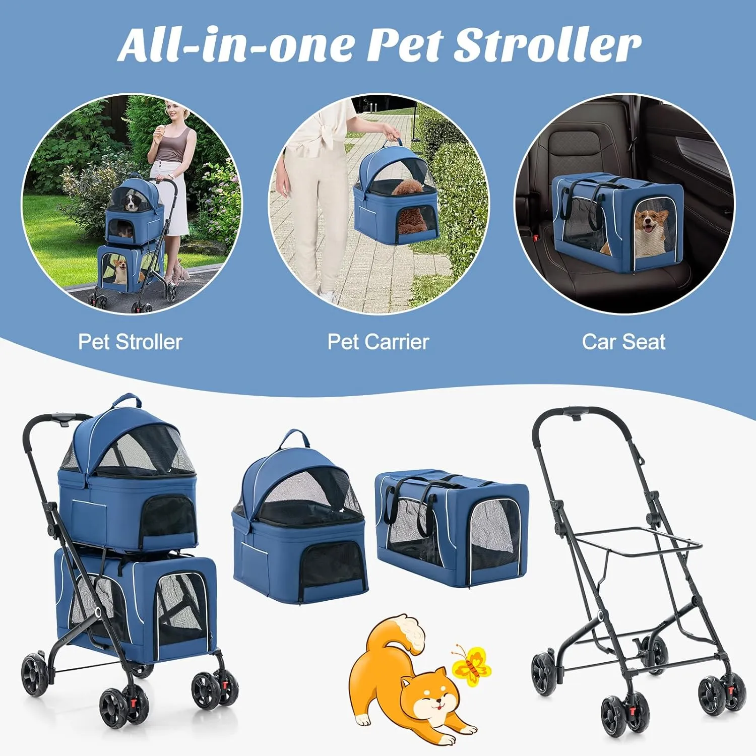 PETSITE Double Dog Stroller, Foldable 3-in-1 4 Wheels Cat Pet Stroller with 2 Detachable Carriers, Safety Belt, Washable Cover, Removable Pads, Ideal for Small Medium Dogs Cats (Blue)