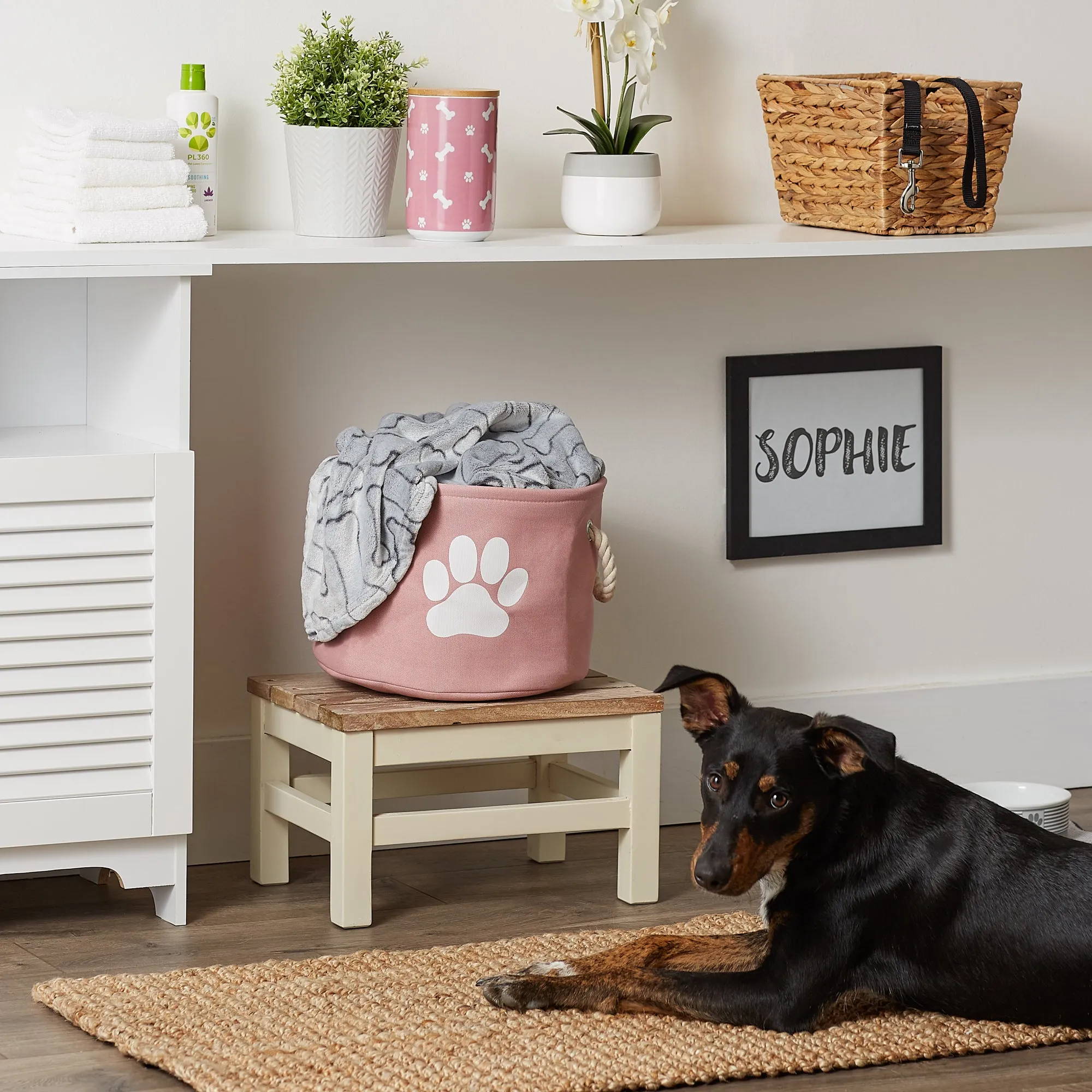 Polyester Pet Bin Paw Rose Round Small 9X12X12