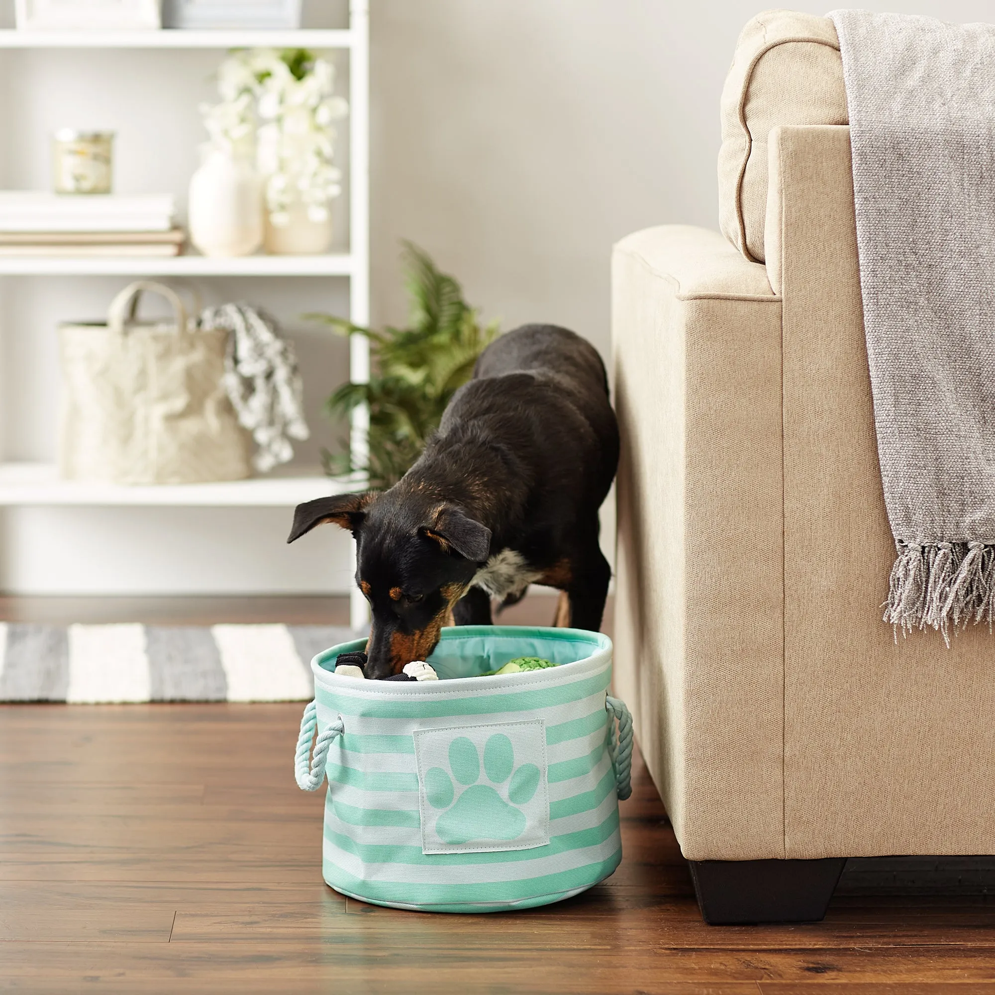 Polyester Pet Bin Stripe With Paw Patch Aqua Round Small 9X12X12