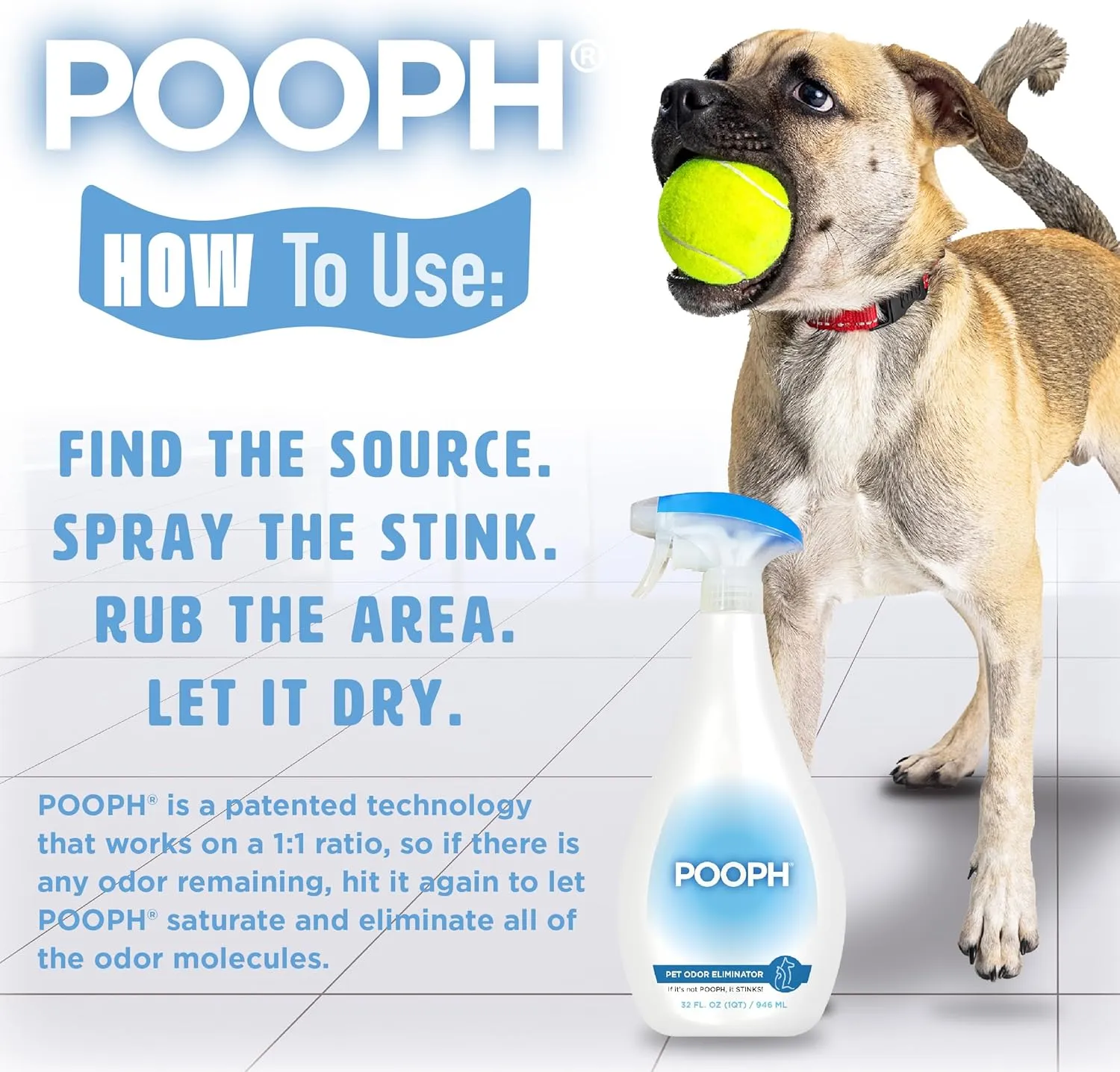 POOPH Pet Odor Eliminator Spray - Patented NO Fragrance NO Harsh Chemicals Organic Odor Eliminator Works On-Contact Home, Auto, Upholstery, and more Fast Easy Safe for Pets, People and the Planet!