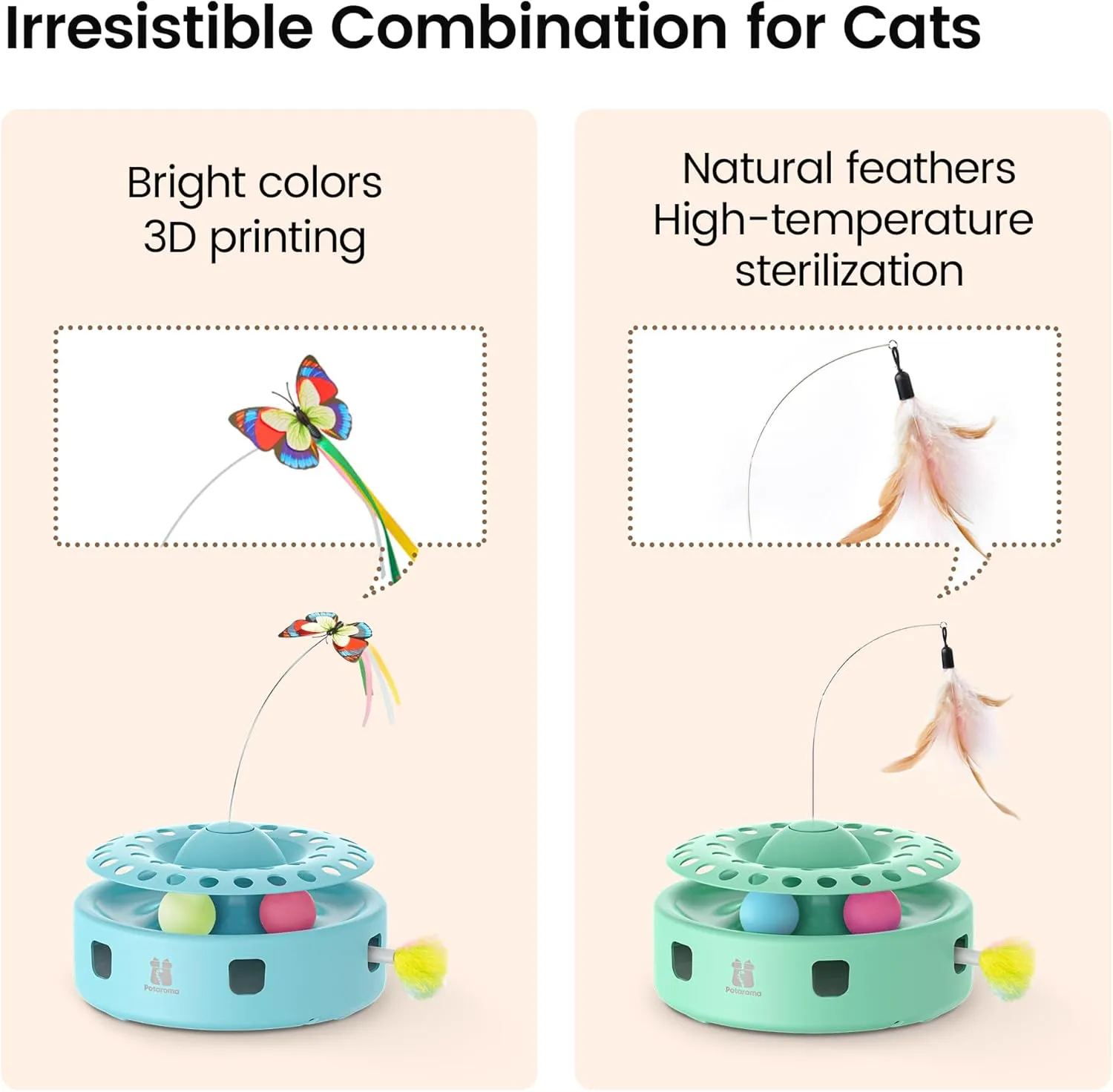 Potaroma Cat Toys 3in1 Automatic Interactive Kitten Toy, Fluttering Butterfly, Moving Feather, Track Balls, Dual Power Supplies, Butterfly and Feather Replacements