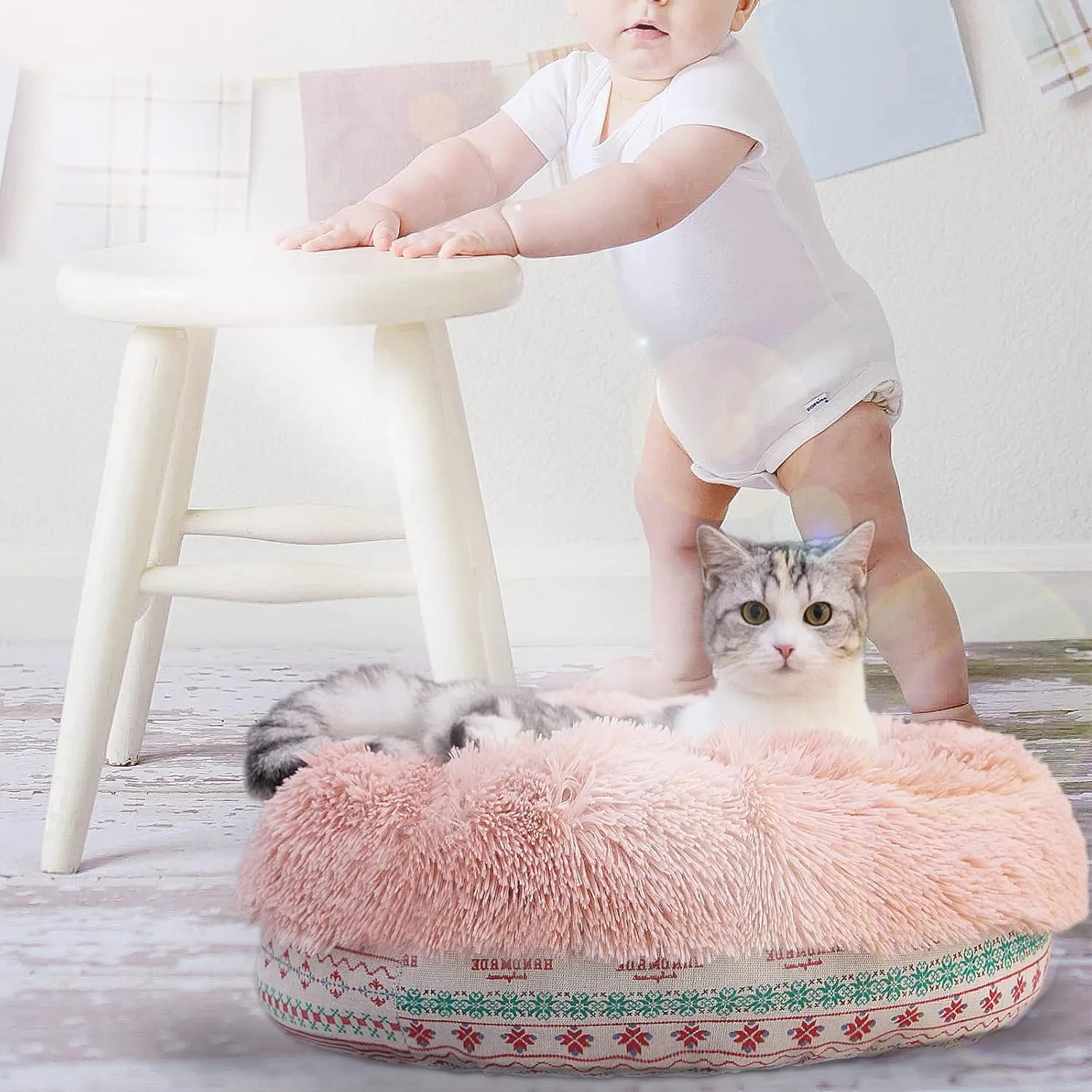 Puppy Beds for Small Dogs Washable19 Inches Pink Bohemian Style Deep Sleep Calming Pink Cute Dog Bed for Girls Fits up to 10 lbs Machine Washable