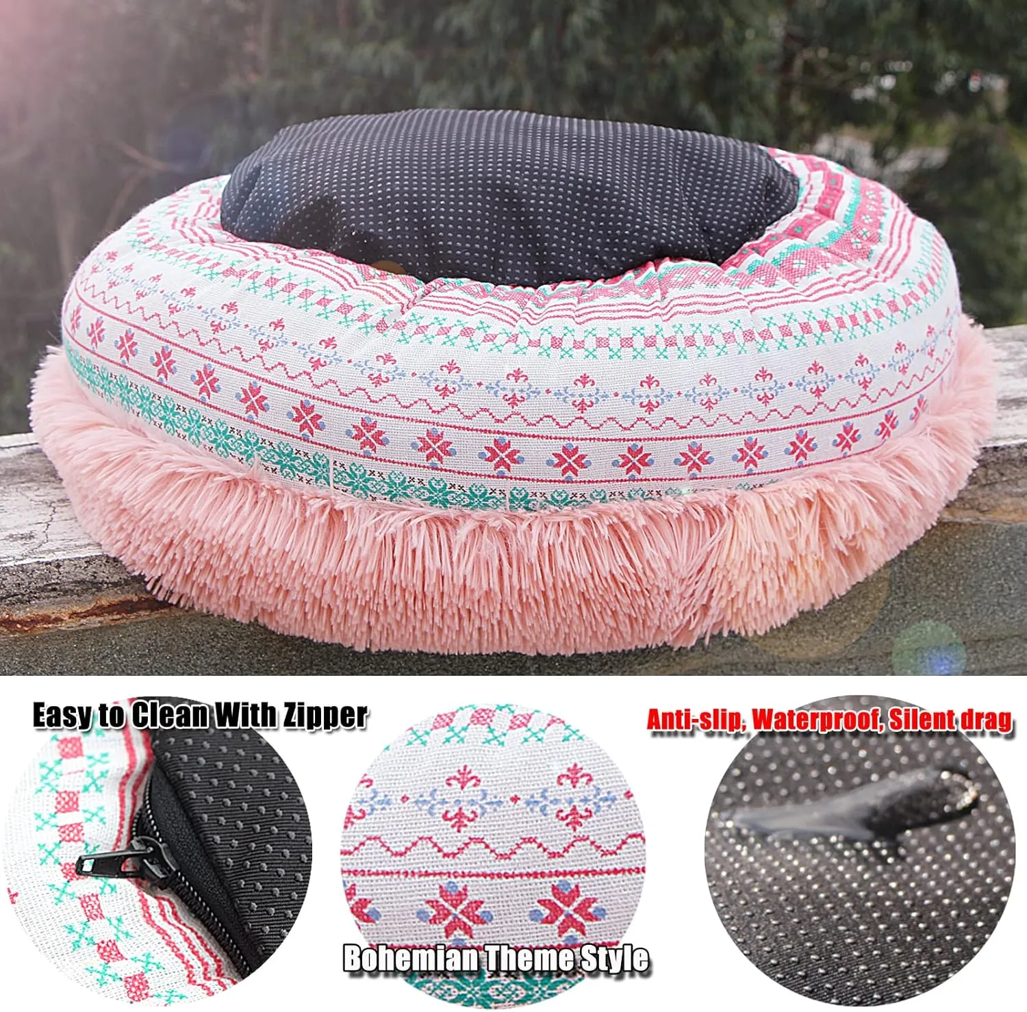 Puppy Beds for Small Dogs Washable19 Inches Pink Bohemian Style Deep Sleep Calming Pink Cute Dog Bed for Girls Fits up to 10 lbs Machine Washable