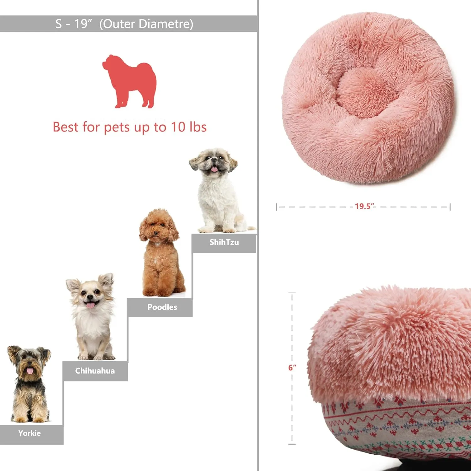 Puppy Beds for Small Dogs Washable19 Inches Pink Bohemian Style Deep Sleep Calming Pink Cute Dog Bed for Girls Fits up to 10 lbs Machine Washable