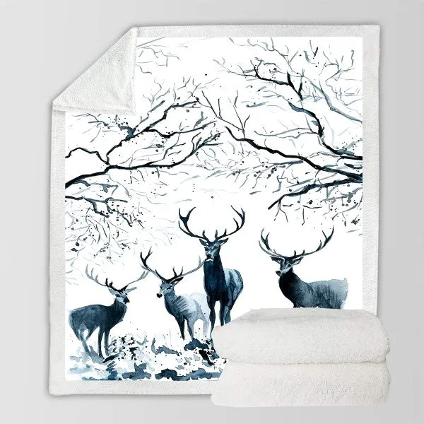 Sherpa Plush Blanket Christmas Reindeer Throw Blanket Art Ink Painting Knee Blanket Cozy TV Blanket Kid Nap Blanket Black White