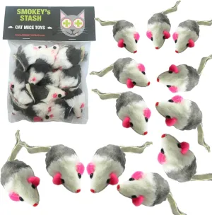Smokey's Stash Gray and White Faux Fur Cat Mice Toy 12 Per Pack Multi Color Realistic Interactive Small Mouse with Rattle and Catnip Safe for Adult Cats and Kittens
