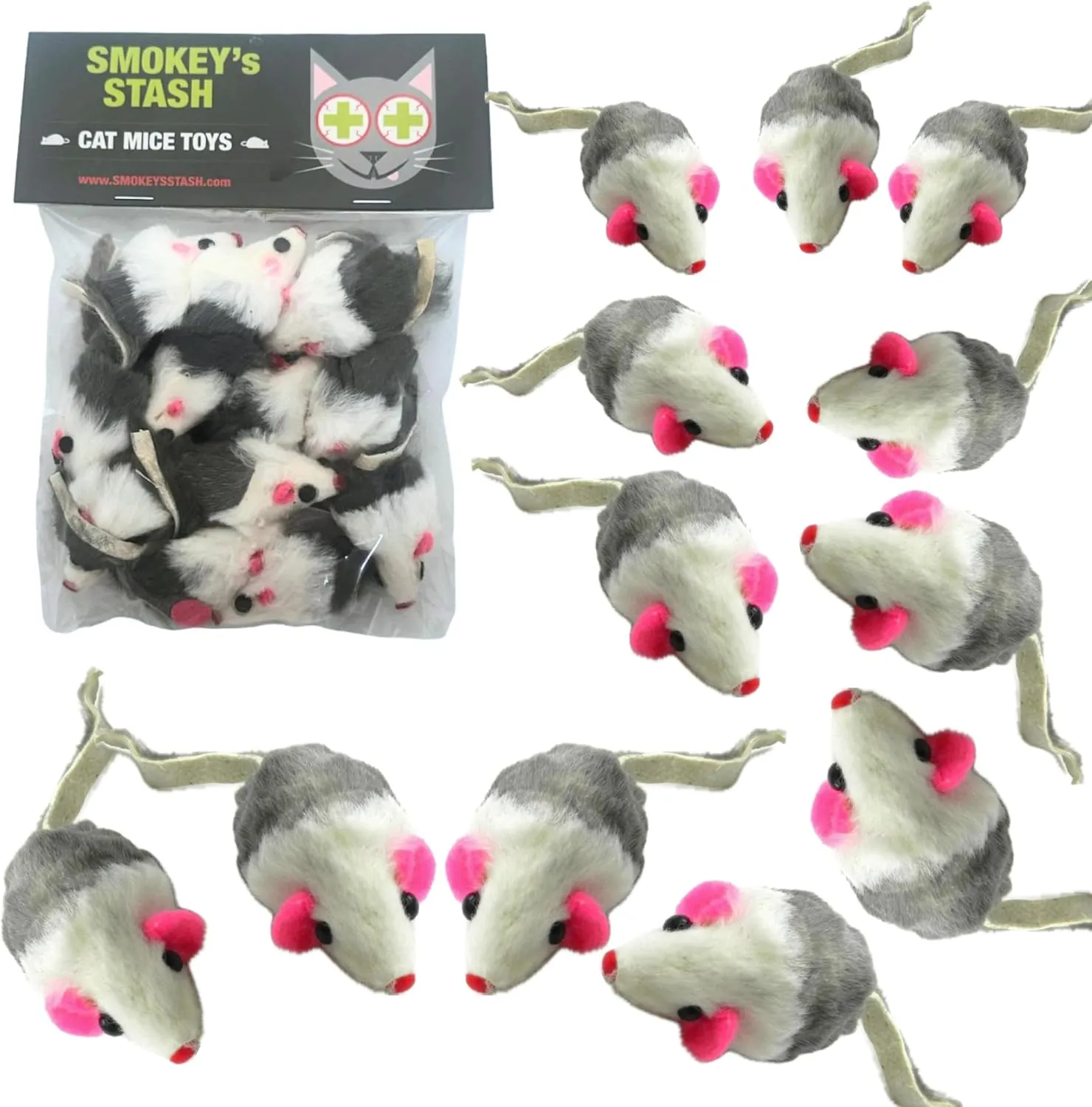 Smokey's Stash Gray and White Faux Fur Cat Mice Toy 12 Per Pack Multi Color Realistic Interactive Small Mouse with Rattle and Catnip Safe for Adult Cats and Kittens