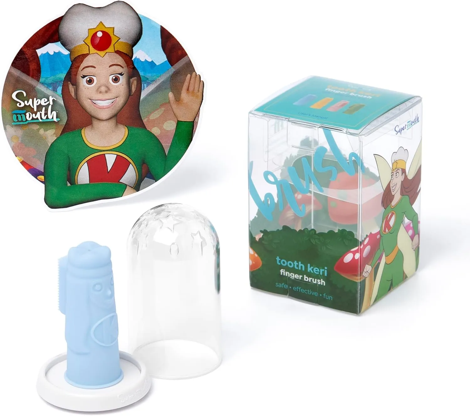 SuperMouth Tooth Keri Baby Finger Brush  Soft Silicone Bristles, Built-in Bite Block Protects Fingers, Light-Up Wand for Easy Cleaning, Augmented Reality App, Teething to 2 Years, 4 Colors