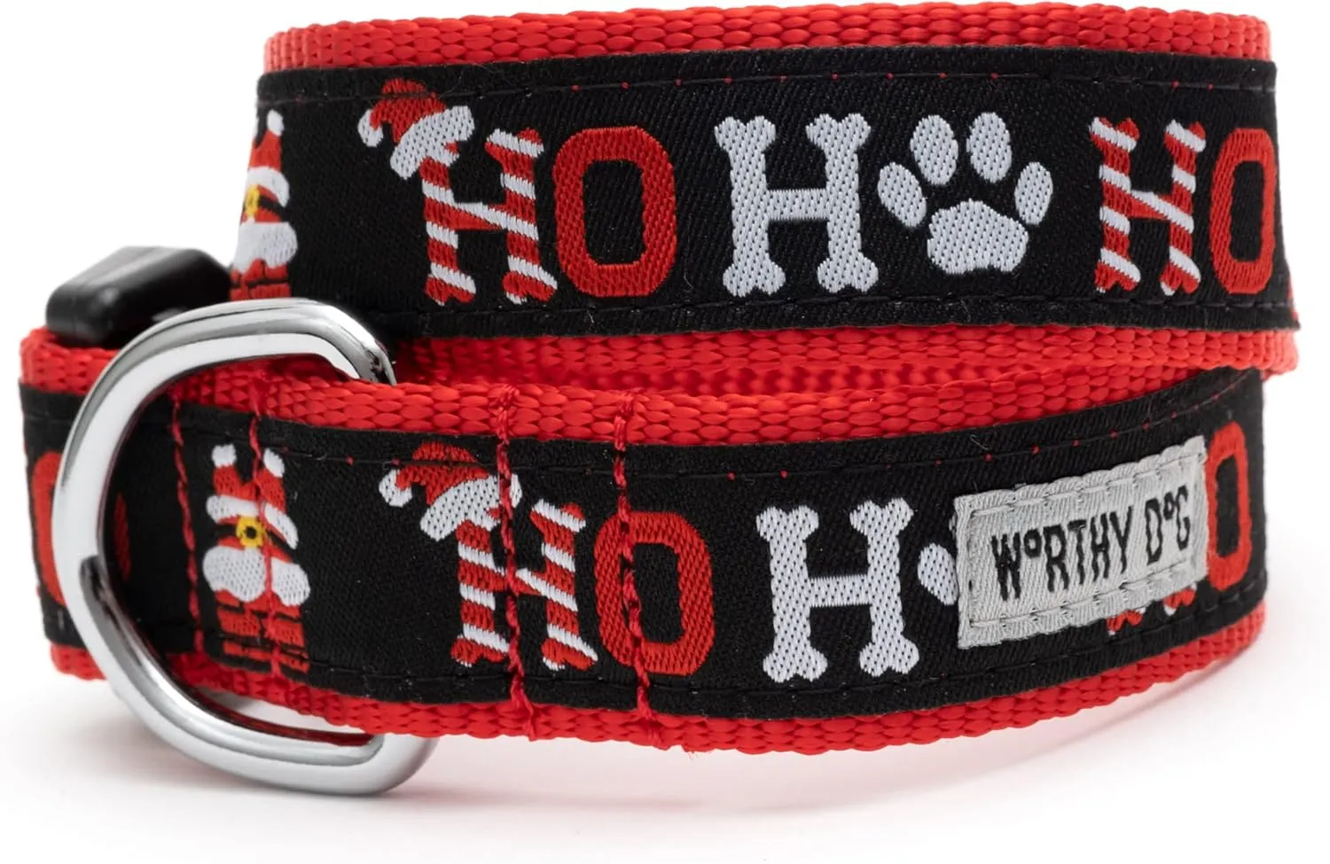 The Worthy Dog Ho Ho Ho! Adjustable Christmas Collar - Stylish and Durable for Small to Large Dogs - Woven Ribbon and Strong Quick Release Buckle